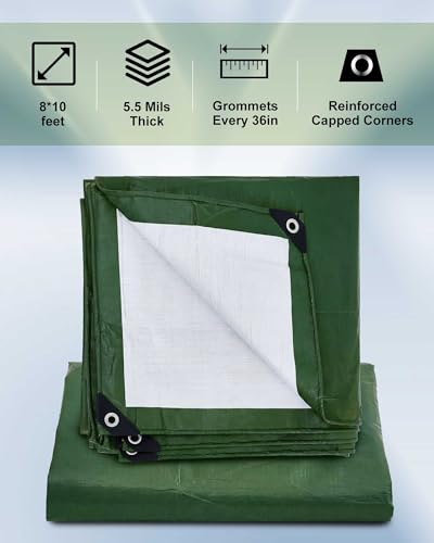 SmoothNovelty 6 Pcs Large Waterproof Tarp 8 x 10 ft Heavy Duty 5.5 Mil Thick Poly Tarpaulin with Grommets Multipurpose Protective Cover for Summer Home Boats Cars Camping Rv Pool Tent - color: Green,brown,black, size: 8 x 10 ft