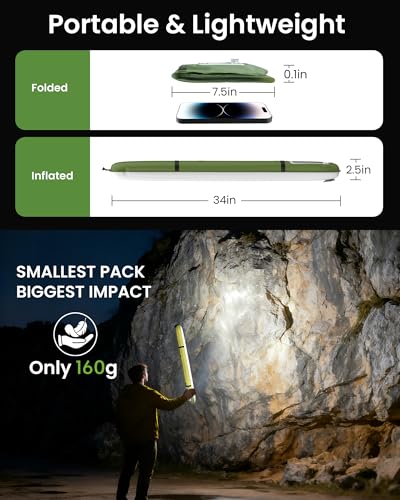 34" Inflatable Solar Camping Lantern & USB-C 4000mAh Phone Charger,339LM Ultra Bright LED Light Tube,IP66 Waterproof Portable Tent Lamp for Hurricane,Power Outage,Backpacking,Survival - color: Green, size: 34in