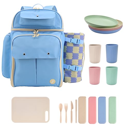 J World Picnic Backpack Cooler for 4. Insulated Picnic Basket Set with Folding Waterproof Blanket. Beach Camping Wedding Engagement Gift for Couples, Sky Blue - color: Sky Blue