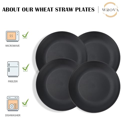 Wrova Wheat Straw Dinner Plates 10 Inch Unbreakable Set of 8 - Dishwasher & Microwave Safe Plastic Plates Reusable - Lightweight Plates for kitchen,camping,salad,appetizer - Pure Black - color: Black, size: 10 inch