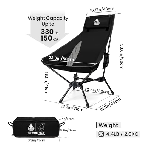 ONETIGRIS Tigerblade High Back Camping Chair with Pillow Design, Comfortable Widened Seat Folding Chair - color: Black