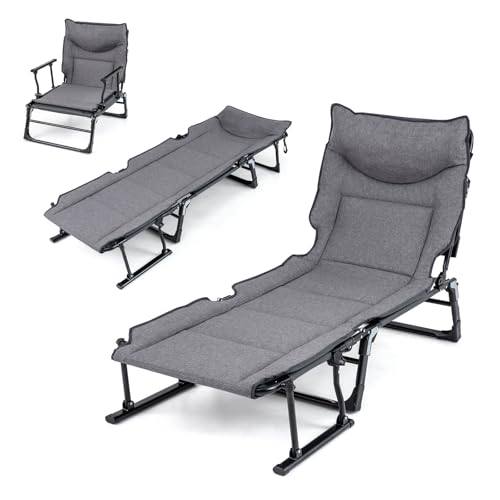 Tangkula 3 in 1 Lounge Chair Outdoor with Cushion, Patio Folding Chaise Lounge Chair with 6-Position Adjustable Backrest & Headrest, Heavy Duty Metal Frame for Pool Lawn Deck Camping
