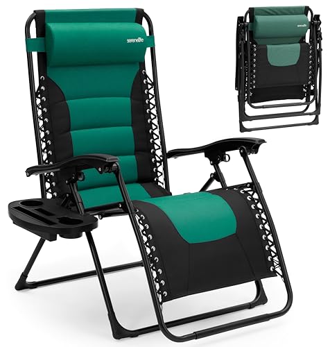 SereneLife Padded Zero Gravity Lounge Chair - Reclining Patio Chairs - Outdoor Lounge Chairs with Detachable Cup Holder Tray - Folding Recliner Chair with Removable Pillows - 1, Green and Black - color: Green