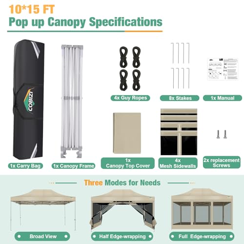 COBIZI 10x15 Canopy Tent, Heavy Duty Pop up Canopy with Sidewalls, Waterproof Easy Setup Canopy with Mosquito Netting, Outdoor Instant Screen Tents for Parties, Wedding, Backyard with Carry Bag, Khaki - color: Khaki, size: 10x15FT