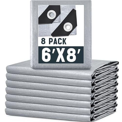 8 Pack 6 x 8 ft 5.5 Mil Large Tarps Heavy Duty Waterproof Tarp Multi Purpose Tent Cover for Home Boats Cars Camping Patio Furniture Roof Emergency Rain Protective Cover, Silver - color: Silver, size: 6 x 8 ft