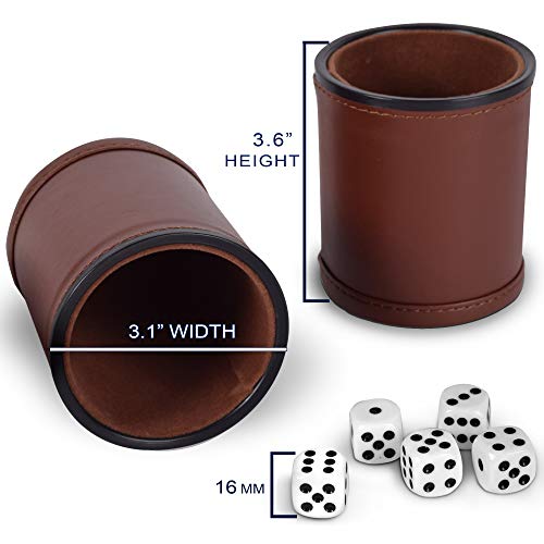 5 Pack of Professional Dice Cups PU Leather and Brown Velvet Lined, Includes 25 White Six-Sided Dice