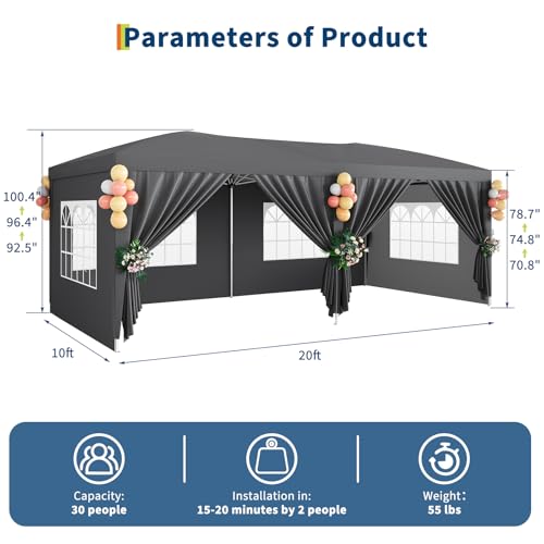 GarveeLife 10x20 Heavy Duty Pop Up Canopy Tent with 6 Removable Sidewalls, Easy Up Commercial Canopy Tents for Parties, Large Outdoor Canopies with 3 Adjustable Heights, Stakes X18, Ropes X6, Grey