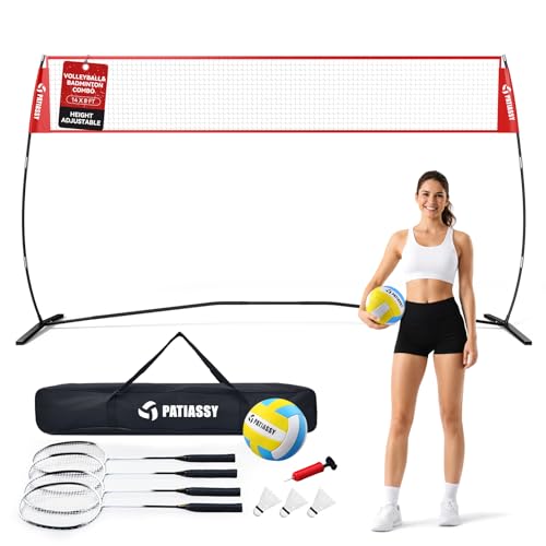 Volleyball Badminton Net Set Combo, 14FT Portable Net System with 5.1FT–8FT Adjustable Height, Backyard Outdoor Game Set with 4 Aluminum Rackets, 3 Shuttlecocks for Lawn Beach Indoor Outdoor Play
