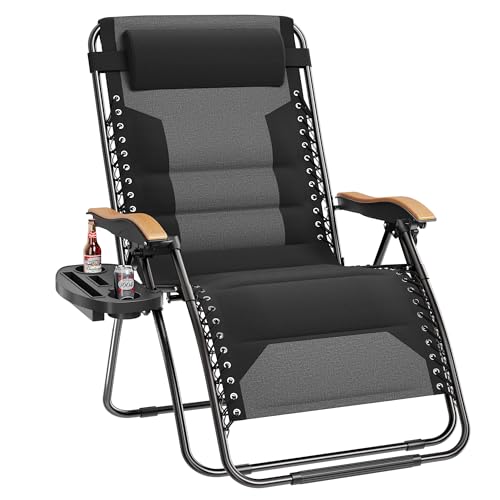 PHI VILLA XXL Oversized Padded Zero Gravity Chair, Foldable Patio Recliner, 30" Wide Seat Anti Gravity Lounger with Cup Holder, Support 400 LBS (Black) - color: Black, style: 1 Pcs