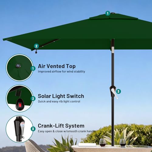 AreShark 6.5' x 10' Rectangular Patio Umbrella with Solar Lights, Solar Powered Lighted Market Umbrella w/Tilt and Crank, Outdoor Table Umbrella for Garden, Deck, Backyard, Pool, Dark Green - color: Dark Green, size: 6.5 X 10 Ft
