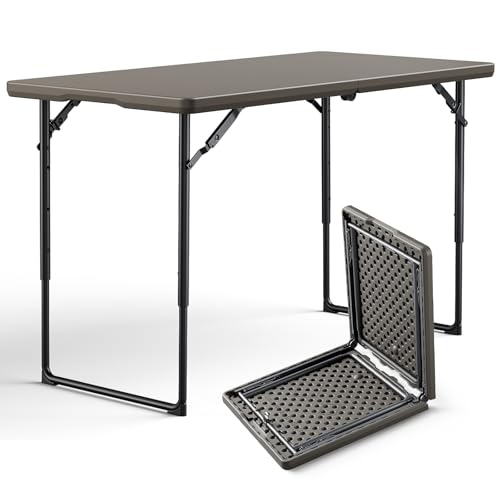 Folding Table 48" x 24" - Heavy Duty Fold-in-Half Plastic Table with Adjustable Height, Portable Utility Tables with Steel Legs for Indoor, Outdoor, Picnic, Camping, Dining, Party (Khaki) - color: Khaki, size: 48in X 24in
