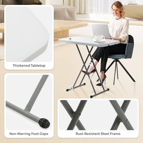 Athena Collection Folding TV Tray Couch Table 29 Inch Wide with 4 Height Adjustable, Portable Small Folding Table Dinner Tray Laptop Table for Living Room Small Space for Eating on Bed Sofa Couch - color: White-x Foot, size: 19.5"D x 30"W