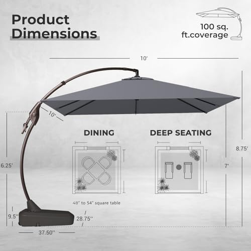 Grand patio Sunbrella 10x10 FT Cantilever Umbrella with Base Included Patio Square Aluminum Offset Umbrellas for Outdoor Pool (Charcoal, 10X10 FT-SUNBRELLA) - color: Charcoal-SUNBRELLA, size: 10X10 FT