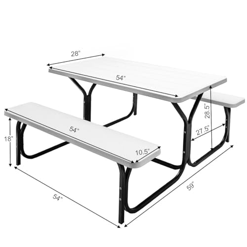 MEDIMALL Picnic Table, Portable Picnic Tables with Benches, Plastics Picnic Table Bench Set with Metal Frame & All Weather Tabletop, Large Camping Picnic Table for Outdoors, Backyard, Garden (White) - color: White