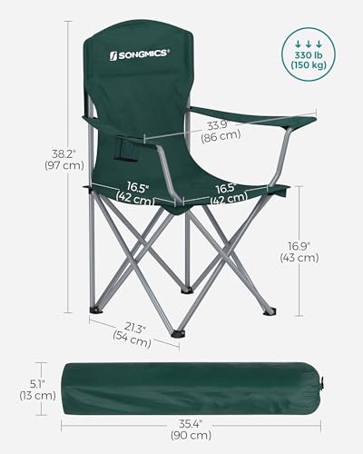 SONGMICS 2 Pack Folding Camping Chairs, Load 330 lb, Cup Holder and High Backrest, Heavy-Duty Structure, for Lawn, Garden, Fishing, Terrace, Dark Green UGCB08GN - color: Green, style: 2PC (21.3"D x 33.9"W x 38.2"H)
