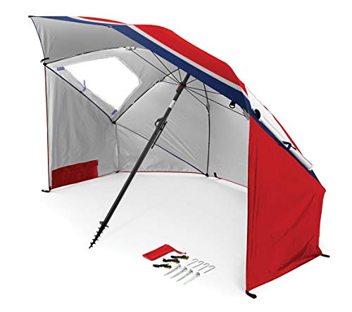 Sport-Brella Premiere UPF 50+ Umbrella Shelter with Patented Side Panels and Tilt Mechanism, Heavy-Duty 1.25 Inch Center Pole, Auger Anchor for Sand and Grass - color: Red / White / Blue Stripe, style: REG