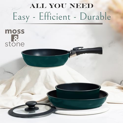 Moss & Stone Aluminum Pots And Pans Set Nonstick, Removable Handle Cookware, Stackable , Dishwasher Safe, Induction Camping Cookware Set. (10 Pieces Blue) - size: 10 Pcs Blue
