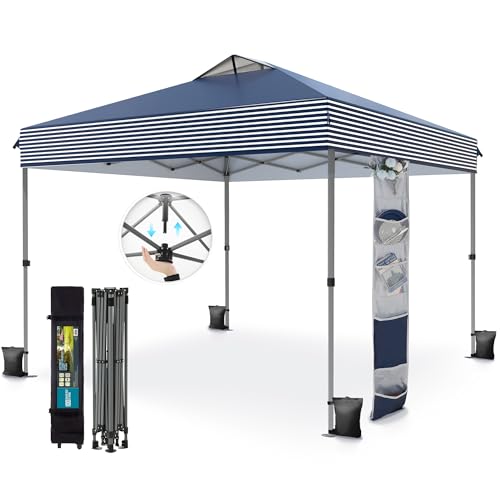 PHI VILLA 10x10 Pop Up Canopy Tent - One Push Setup, Instant Shade Tent with Vented Roof for Beach & Events - Includes Storage Bag, Sandbags, Stakes & Ropes (Navy Stripe) - color: Blue Stripe, size: 10×10 one push