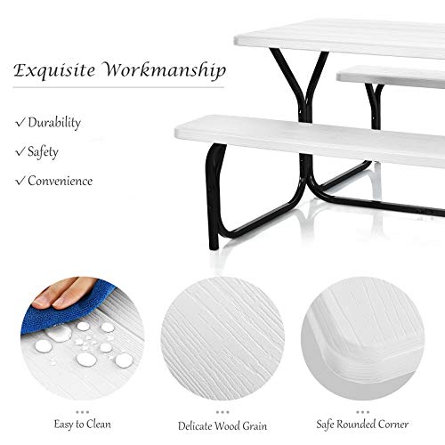 Giantex Picnic Table Bench Set Outdoor Camping All Weather Metal Base Wood-Like Texture Backyard Poolside Dining Party Garden Patio Lawn Deck Large Camping Picnic Tables for Adult (White) - color: White, size: 4.5FT