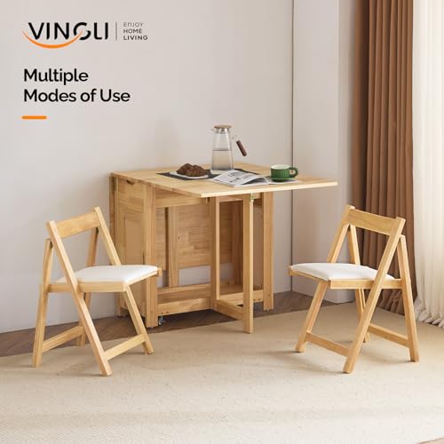 VINGLI 5-Piece Folding Dining Table Set, Extendable Drop Leaf Solid Wood Table with 4 Chairs, Drawers & Wheels, Space-Saving Design for Kitchen, Natural - color: Natural