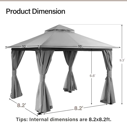 LAUSAINT HOME Gazebo 10x10ft, Heavy Duty Patio Gazebo with Expansion Bolts, Party Canopy Tent with Double Roofs, Mosquito Nettings and Privacy Screens for Backyard, Garden, Lawn, Grey - color: Gray, size: 10'x10'
