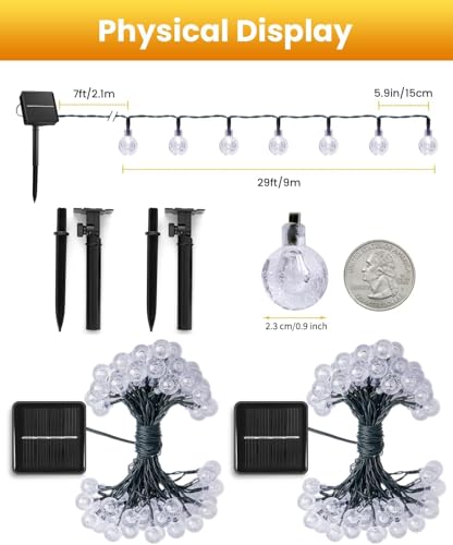 Solar String Lights Outdoor Waterproof, 2 Pack 60 LED 36.5 FT Each, Solar Powered Patio Lights with 8 Lighting Modes for Garden Yard Porch Wedding Party Decor (Warm White) - color: Warm White, size: 2 Pc