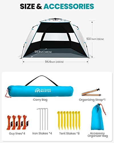 OutdoorMaster Beach Tent with Blackout Shelter Technology, Portable Sun Shade Shelter 4 Person, Pop Up Beach Tents with UPF 50+ UV Protection, 9.5mm Thick Pole, 3 Ventilating Mesh Windows - color: Ocracoke Coast