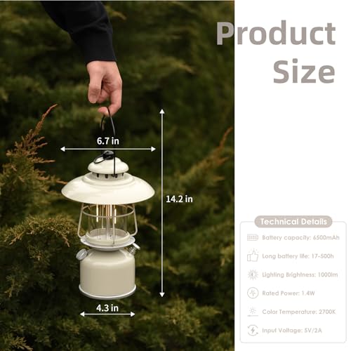 Metal Retro Classic LED Camping Lantern, 6500mAh Rechargeable Battery Last 17-500 Hours Camping Lamp, Large Dimmable Hanging Lantern, Vintage Camping Light with Hook for Courtyard Outdoor Decoration - style: Retro Rock Gray