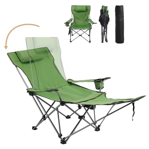Reclining Camping Chair with Removable Footrest, Adjustable Camping Lounge Beach Chair with Padded Headrest, Cup Holder & Carry Bag, Camp Chair with Foot Rest Lawn Chair for Outdoor Patio,Green - color: Green