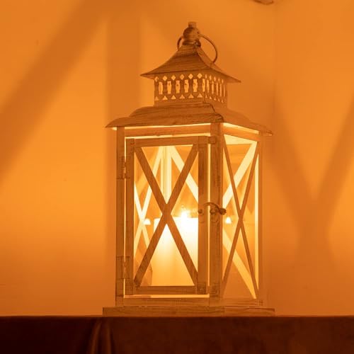 Lantern Decorative Indoor & Outdoor,Large Square Hanging Spring Home Decor, Vintage Metal Decorative Candle Lanterns for Outdoor Patio Wedding Party Beige with Copper Brush - color: Beige / 14.8'' / 1 Pc
