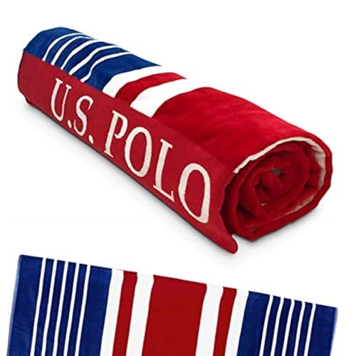 U.S. Polo Assn. Oversized (40” x 70”) Striped Nautical Design Beach Towel - Luxury Plush Cotton Hotel Quality for Bath, Pool - Blue/Red/White - color: Blue/Red/White, size: 40" x 70"