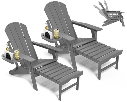 NAVINE Adjustable Adirondack Chair with Retractable Ottoman Set of 2, HDPE Folding Adirondack Chair with Cup Holder, All Weather Fire Pit Chair for Outdoor. - color: Dark Grey, size: 2 pcs