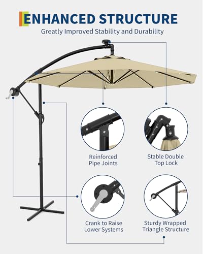 Jojoka 10FT Cantilever Patio Umbrella with Solar LED Lights - Offset Outdoor Umbrella - Easy Lift & Tilt - UV Protection - Fade Resistant - Ideal for Deck, Pool, Garden - color: Beige