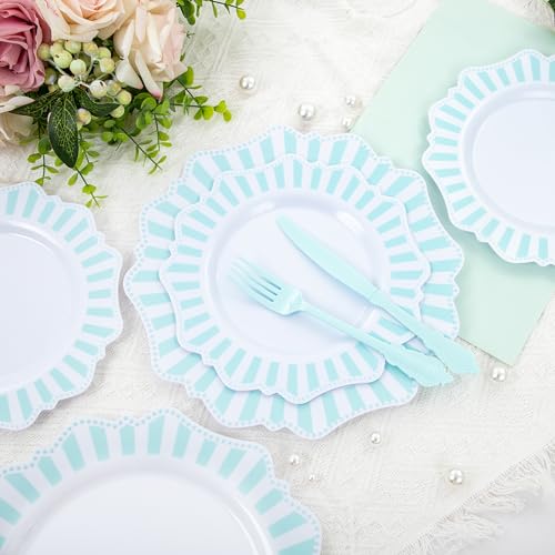 COLOSUS 150pcs Disposable Blue and White Striped Easter Plastic Party Plates and Silverware set, Light Blue Dinner/Dessert Plates silverware serve 30guests for Birthday, New Year and Daily use. - color: white+light blue