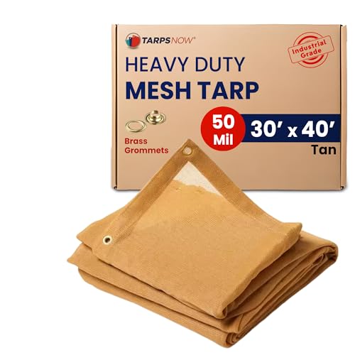 Tarps Now 30' x 40' Tan Mesh Tarp Heavy Duty - 6.8 oz Knitted HDPE - 75% Shade Cloth for Garden, Backyard, Patios - Brass Grommets - UV Resistant Breathable Privacy Screen, Sun Shades Outdoor Patio - size: 30' X 40'