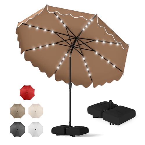 Tangkula 10 FT Solar Patio Umbrella with Base Included, 2-Tiers Outdoor Scalloped Table Umbrella with 32 LED Lights, 2 Sandbags, Tilt Adjustment, Crank, 8 Ribs for Market Backyard Pool Deck Beach Lawn (Coffee, 10 FT) - color: Coffee, size: 10 FT