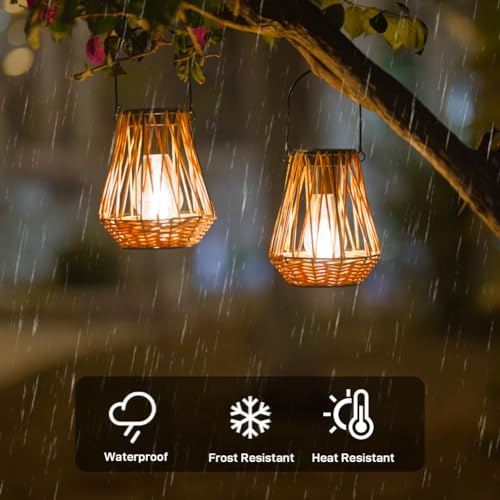 Solar Lanterns,2 Pack Hanging Solar Lantern Outdoor Lanterns for Patio Waterproof,Rattan Lantern with Handle,Decorative Retro Rattan Lights for Yard - style: Ranttan-2