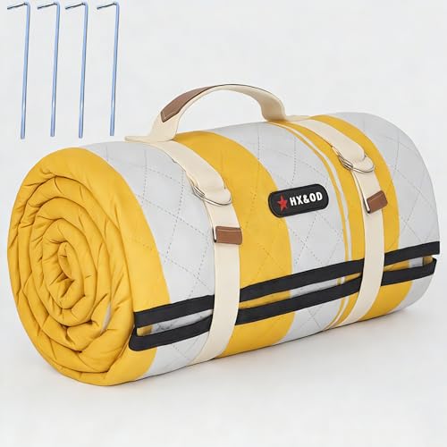 HX&OD Outdoor Picnic Blanket Extra Large, 80''*60'' Waterproof Picnic Mat with Stakes Foldable Camping Blanket Portable with Carry Strap for Beach Mat (Green& White, 80''*60'') - color: Yellow& White, size: 5' x 6'8" (Rectangular)