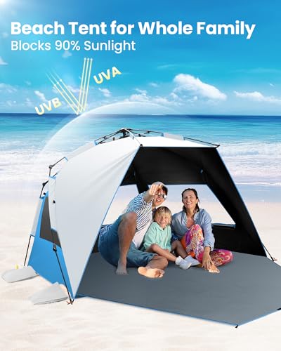 OutdoorMaster Beach Tent with Blackout Shelter Technology, Portable Sun Shade Shelter 4 Person, Pop Up Beach Tents with UPF 50+ UV Protection, 9.5mm Thick Pole, 3 Ventilating Mesh Windows - color: Ocracoke Coast