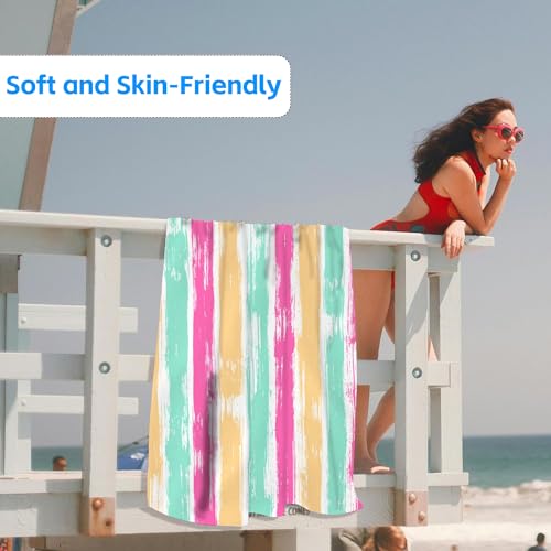 Microfiber Beach Towels,Watercolor Bohemian Yellow Green Pink Stripes Oversized Absorbent Bath Towels,Soft Quick Dry Thin Camping Towel for Adults Women Men,29.5"×59" - color: Watercolor Bohemian Yellow Green Pink Stripes