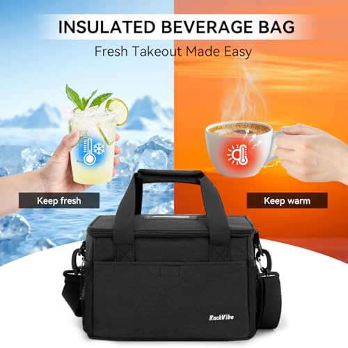 6 Cups Drink Carrier for Delivery, Reusable Cup Holder with Handle, Insulated Collapsible Drink Carrier, Adjustable Dividers, Shoulder Strap, Portable Cooler Tote Bag for Delivery, Travel, Car (Black) - color: Black