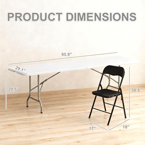 Elevon Folding Table Set with 8 Black Folding Chairs,8 Feet Heavy Duty Fold-in-Half Utility Table Sets for Picnic, Event, Training, Outdoor Activities, at Home and Commercial Use - size: 8 feet, style: With 8 Black Chair