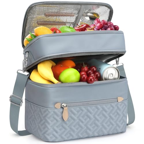 Capolo Lunch Box for Women Men Adults,Double Deck Insulated Lunch Bag Leakproof Lunch Cooler Box with Removable Strap Lunch Tote Bags Reusable Thermal Lunchbox for School Work Picnic(Large,Blue) - color: Blue, size: Large