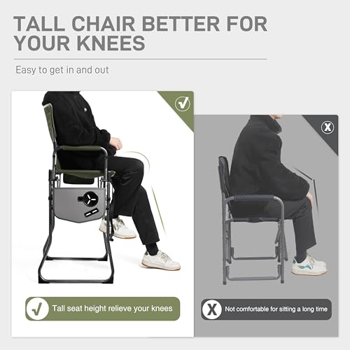 EVER ADVANCED Portable 30.7" Seat Height Tall Folding Camping Chair Directors Chair High Foldable Bar Stool with Side Table for Makeup Artist, Sports Event, Craft Show, Supports 350LBS - color: Green Grey