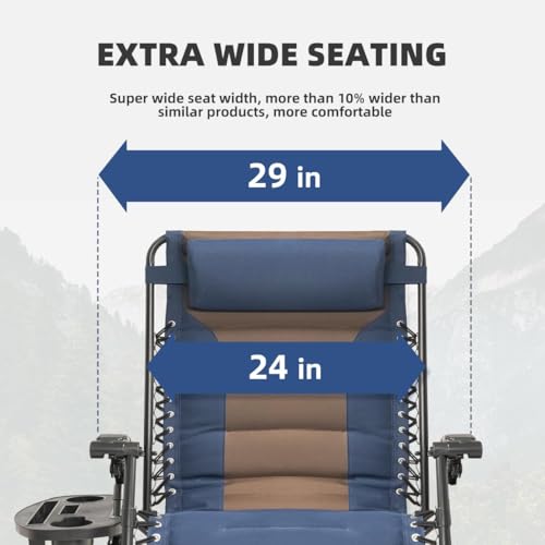 Zero Gravity Chair Oversized Padded Recliner with Adjustable Headrest & Cup Holder - 600D Oxford Folding Lounge Chair for Outdoor Camping, Patio, Poolside (Brown & Blue) - color: Brown & Blue, size: 1 PCS
