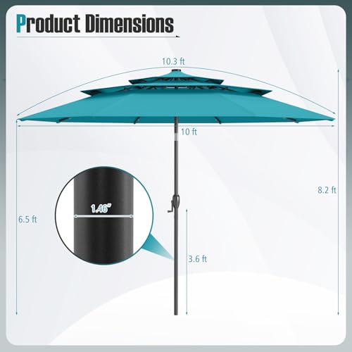 Tangkula 10 FT Solar LED Patio Umbrella, 3-Tier Vented Outdoor Market Table Umbrella with 32 LED Lights, Tilt Adjustment, Crank Handle, 8 Ribs for Backyard Pool Deck (Turquoise) - color: Turquoise