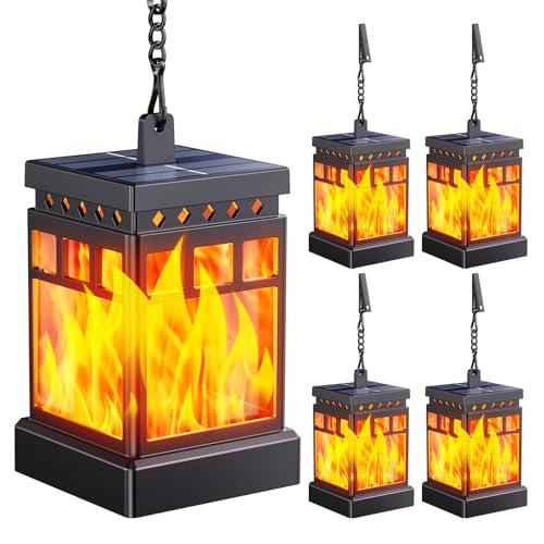 KOOPER Hanging Solar Lanterns Outdoor Waterproof, 4PCS Flickering Flame Hanging Solar Lights for Outside, Outdoor Solar Lanterns up to 12 Hours, Lanterns Decorative for Patio Porch Yard Garden Decor - style: 4 Pack