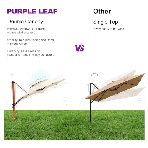 PURPLE LEAF Large 11ft Cream Cantilever Umbrella with Base, Windproof, UV Resistant Fabric - color: Cream, size: 11 Feet, style: Base Included