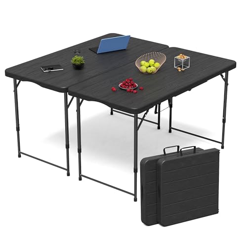 VSOAEIL Set of 2Folding Table 4 Foot for Indoor Outdoor, Portable Heavy Duty Fold-in-Half Utility Small Plastic Adjustable Height Folding with Carrying Handle for Picnic and Party, 2 Pack Matte Black - color: Black, size: 4 FT - 2 PACK