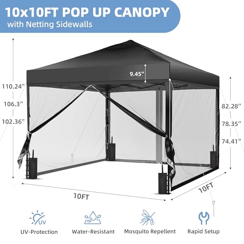 GDY 10x10 Pop up Canopy Tent with Mosquito Netting, Easy up Gazebo for Patio, Camping and Garden, Includes 4 Sandbags, Black - color: Black, size: 10x10 with Mosquito Netting
